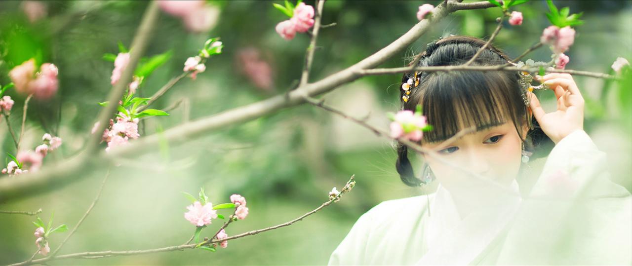 梅花枝条后，修老虎轻扶发簪