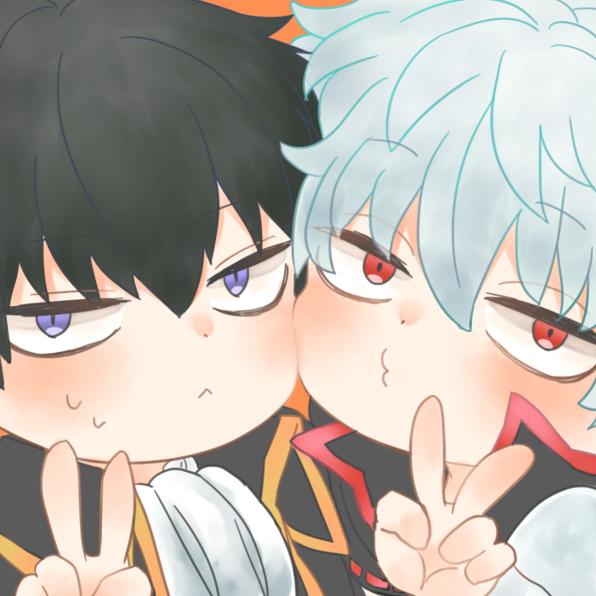 作剪刀手卖萌的Q版银魂土方十四郎和坂田银时头像