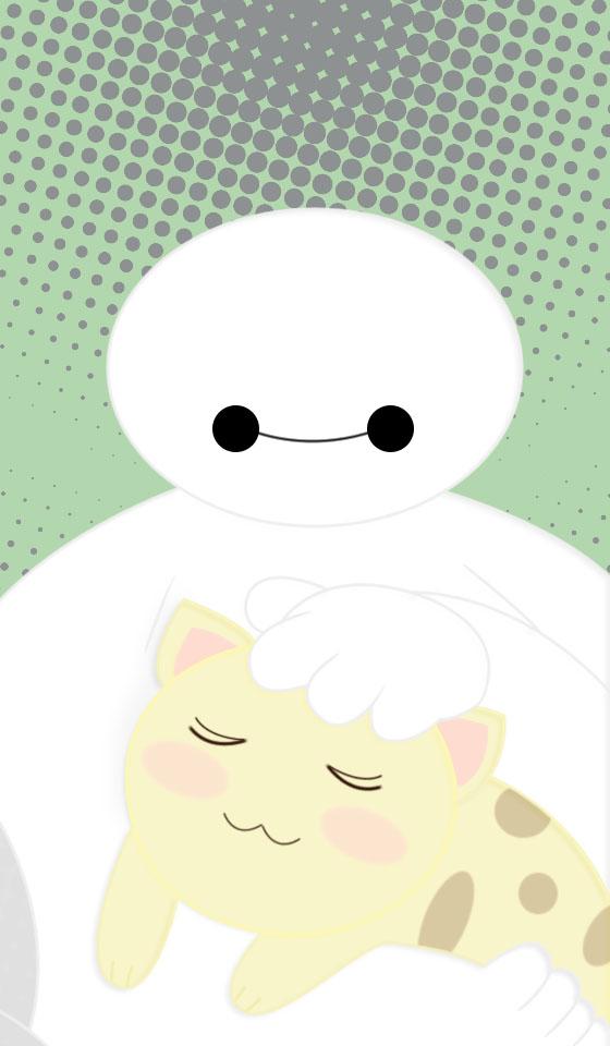 绿色圆点背景的抱着猫咪的Q版大白手机壁纸