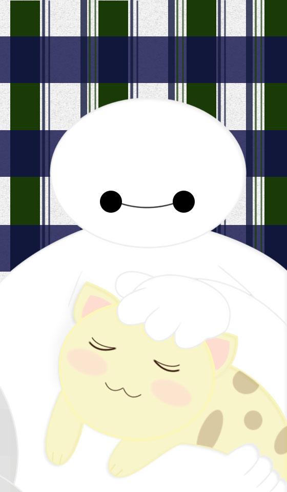 蓝绿条纹背景的抱着猫咪的Q版大白手机壁纸