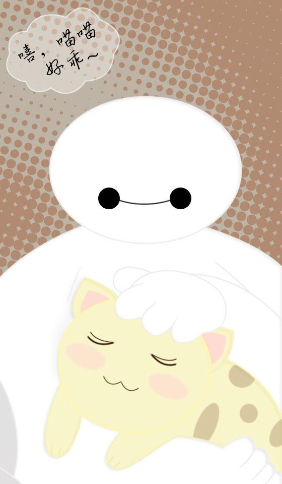 咖啡色圆点背景的抱着猫咪的Q版大白手机壁纸