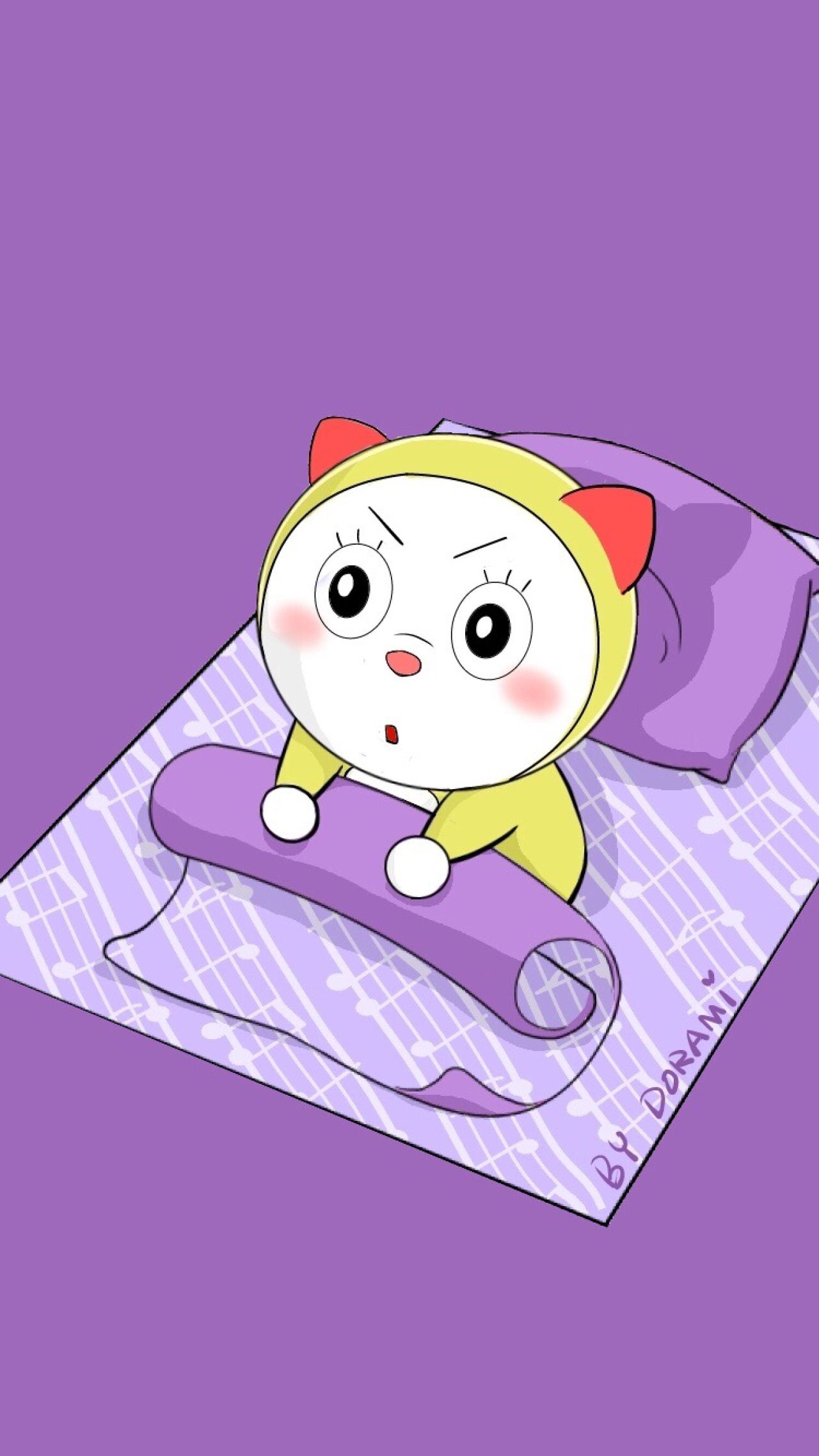 紫色的趴被窝起来嗨的哆啦美手机壁纸