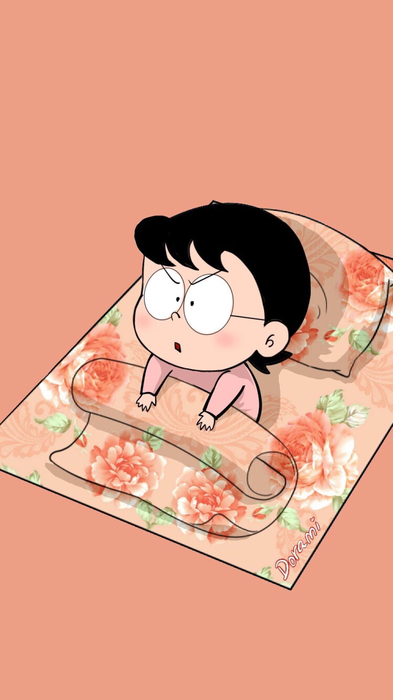 粉色的趴被窝起来嗨的大雄妈妈野比玉子手机壁纸