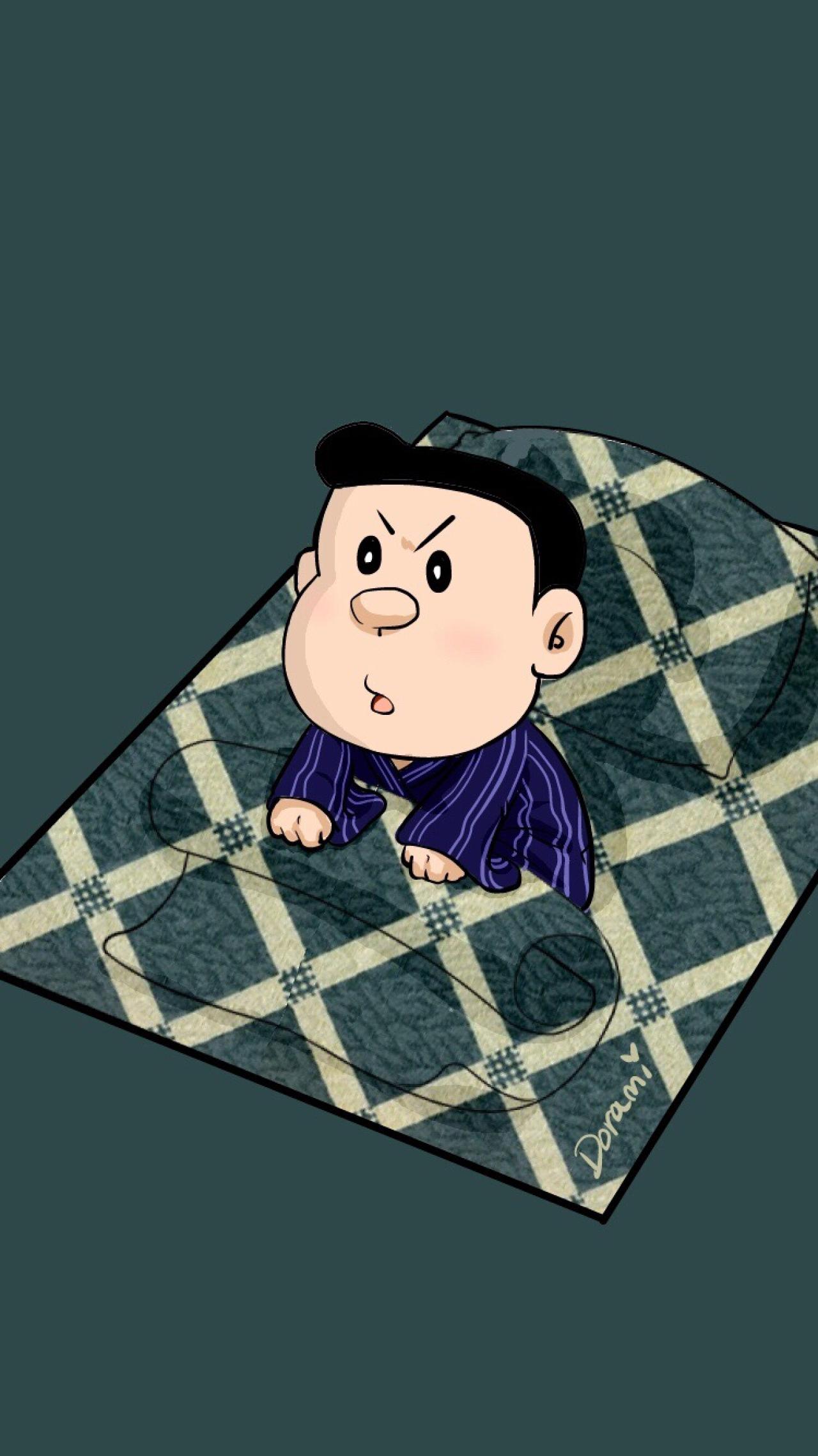 青色的趴被窝起来嗨的大雄爸爸野比大助手机壁纸