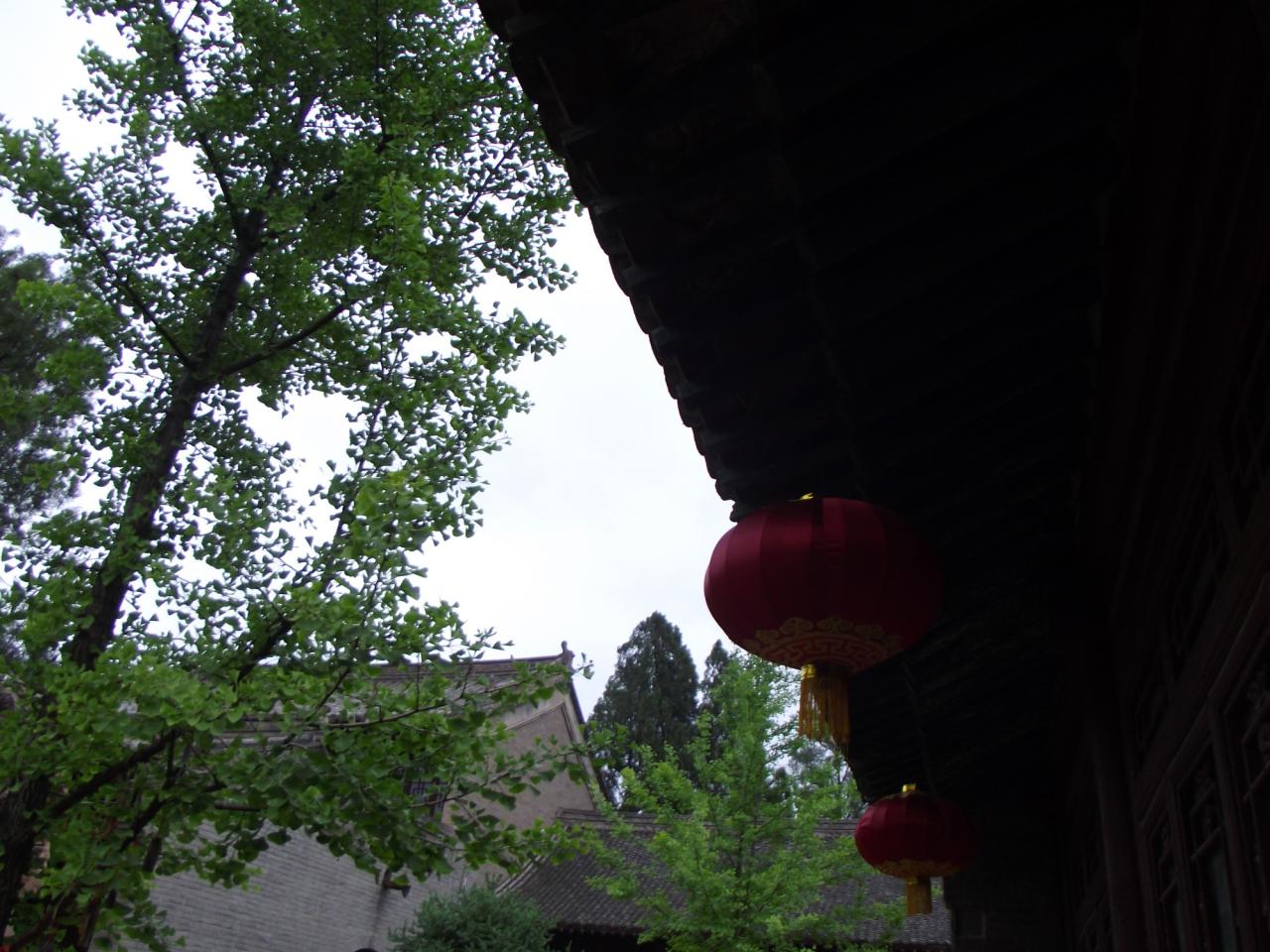 雨天上午，挂着红灯笼的古建筑的屋檐，及临近的树木与北方古建筑