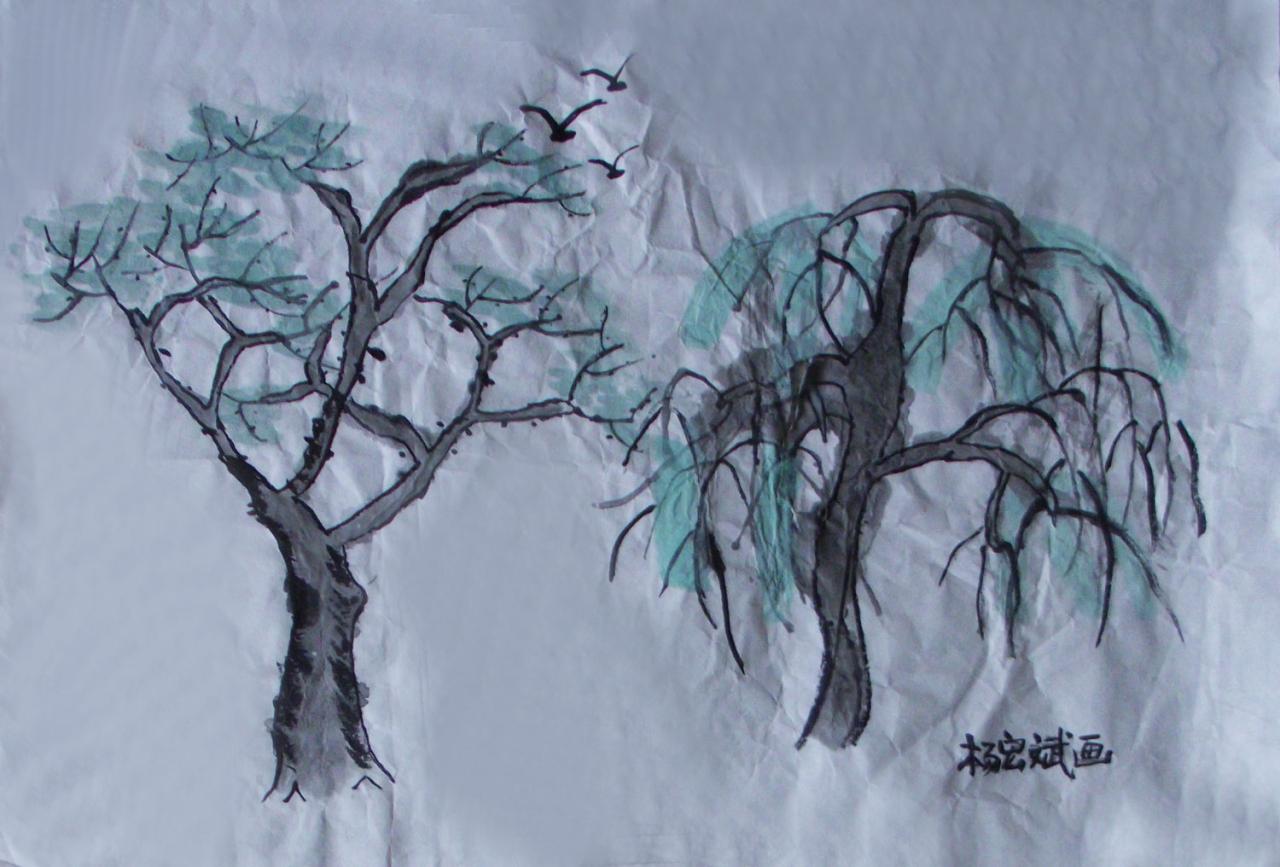 国画 春树和柳树 杨宏斌画