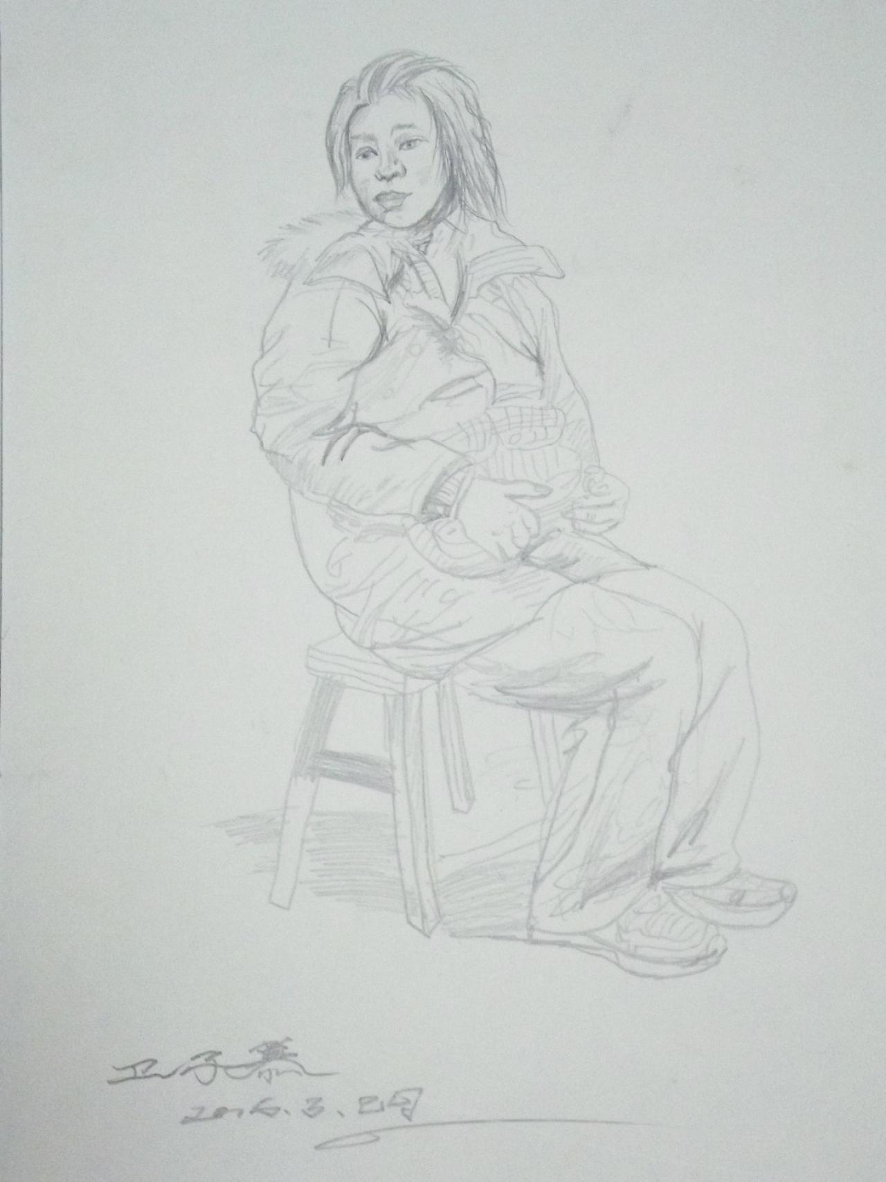 坐在凳子上的女青年 人物速写 卫子慕画