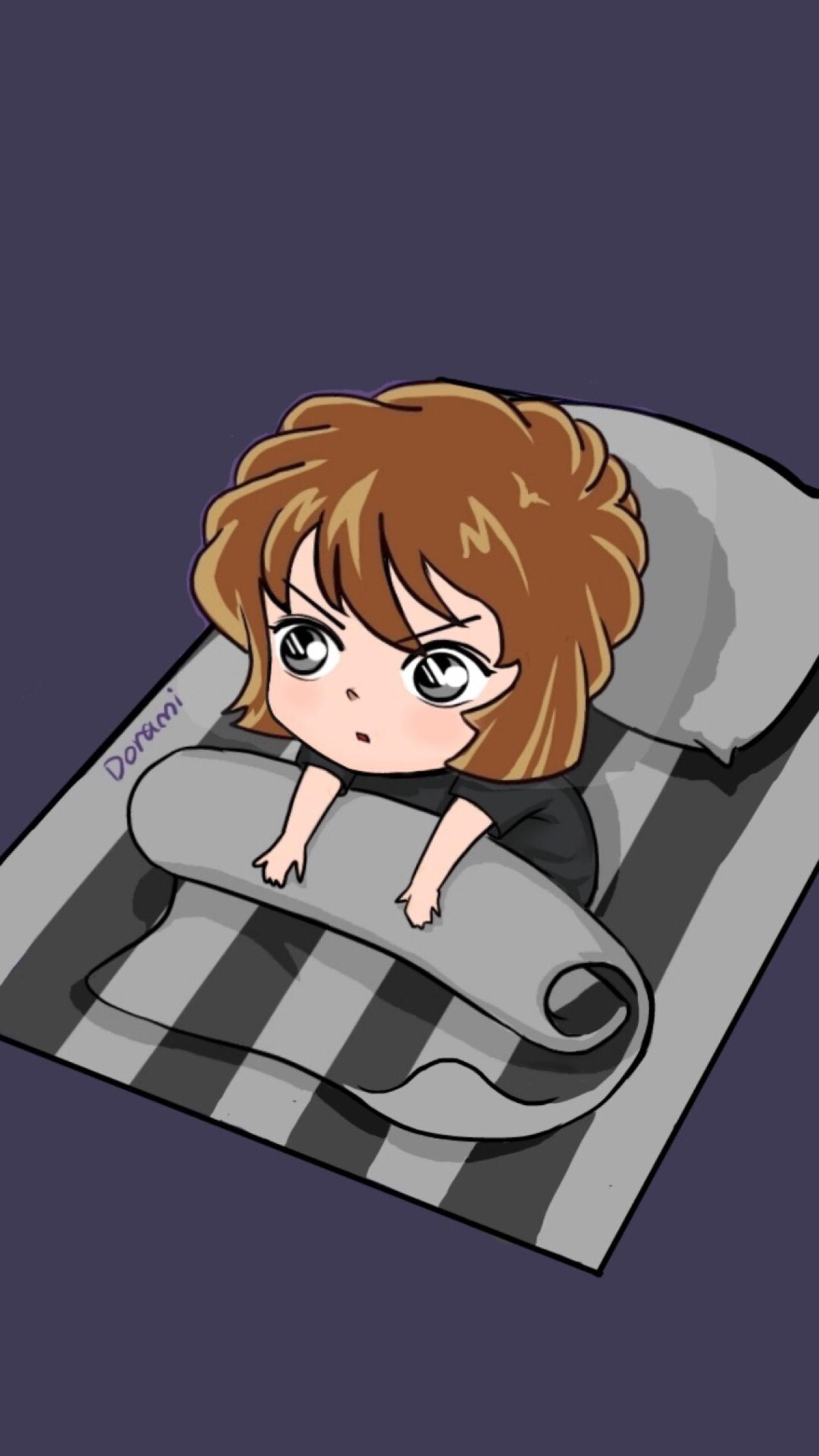 趴被窝起来嗨的Q版名侦探柯南灰原哀手机壁纸