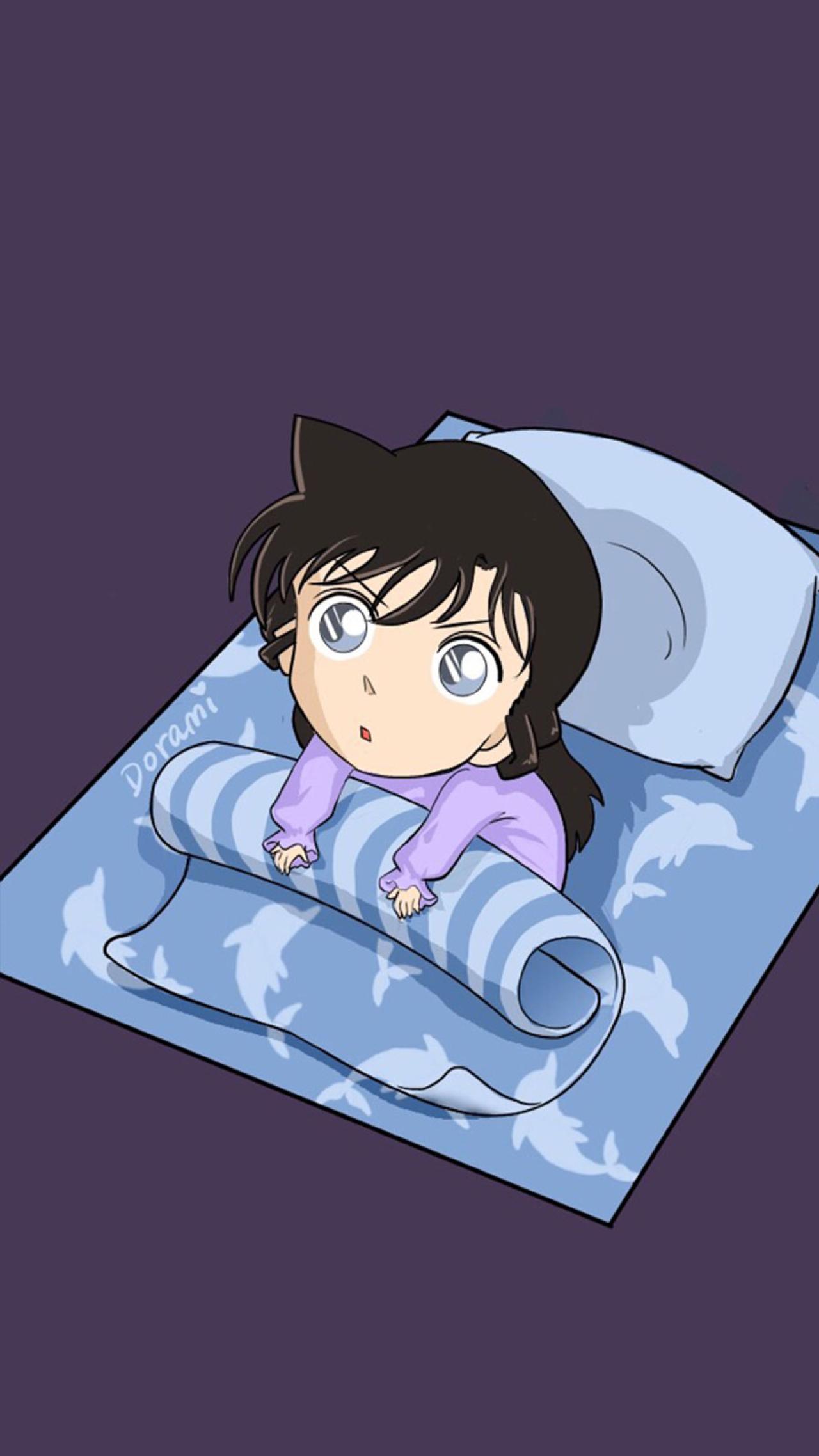 趴被窝起来嗨的Q版名侦探柯南毛利兰手机壁纸