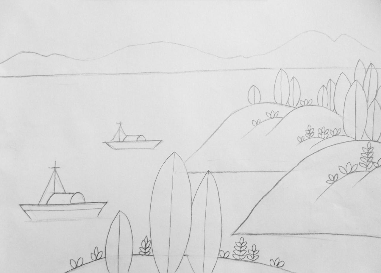 第二步，画出近景、中景、远景、山丘上的花草树木