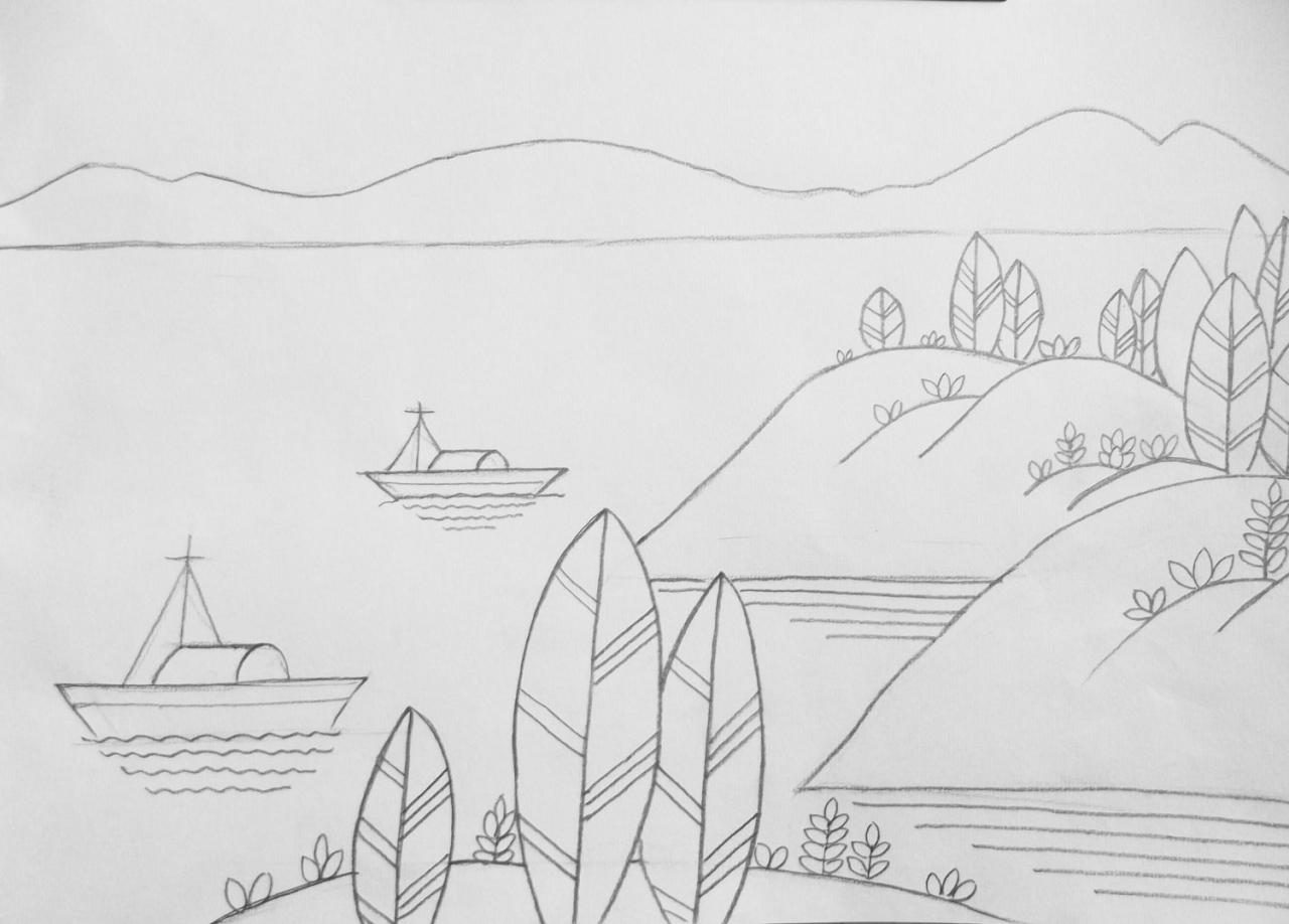 第三步，表现山丘及花草树木的结构特征