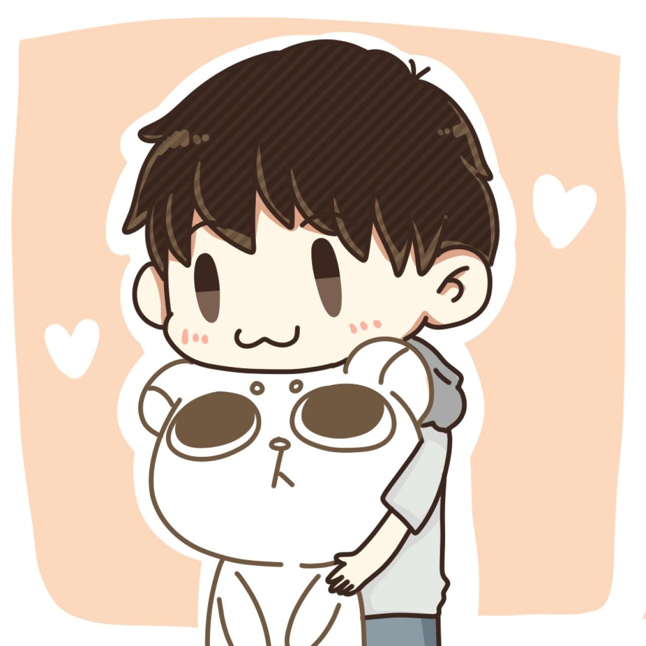 炎小羽从后面抱着培根熊，下巴搭在培根熊头上的头像