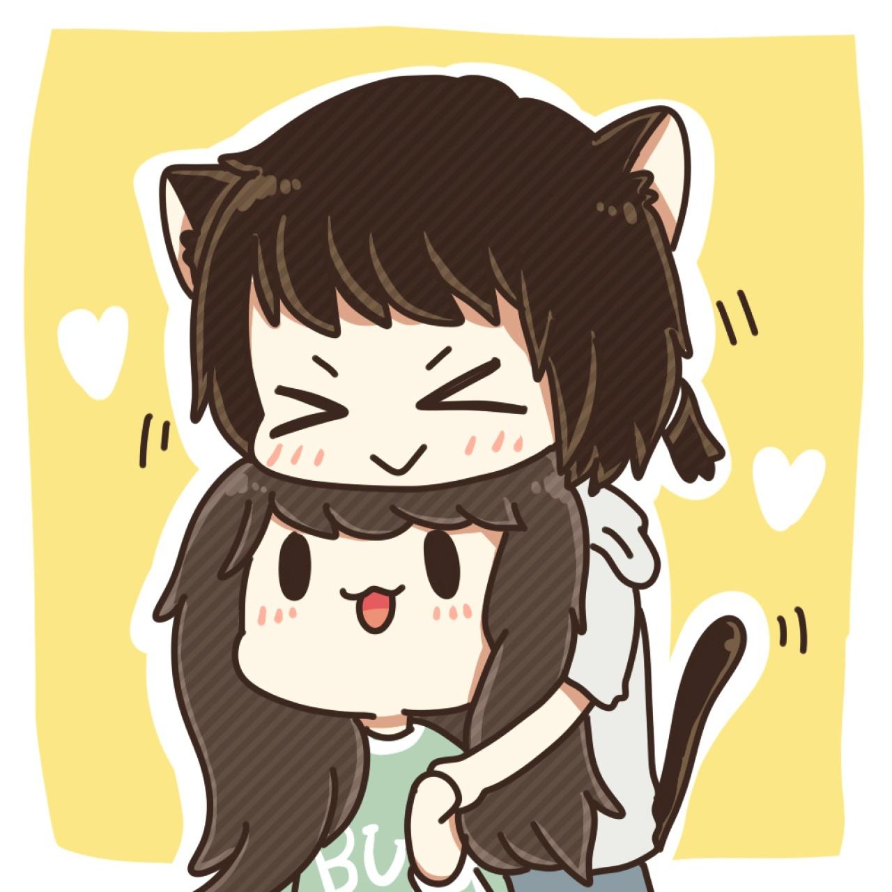 情侣头像：猫耳男生从后面抱着长发女生，下巴搭在女生头上的头像