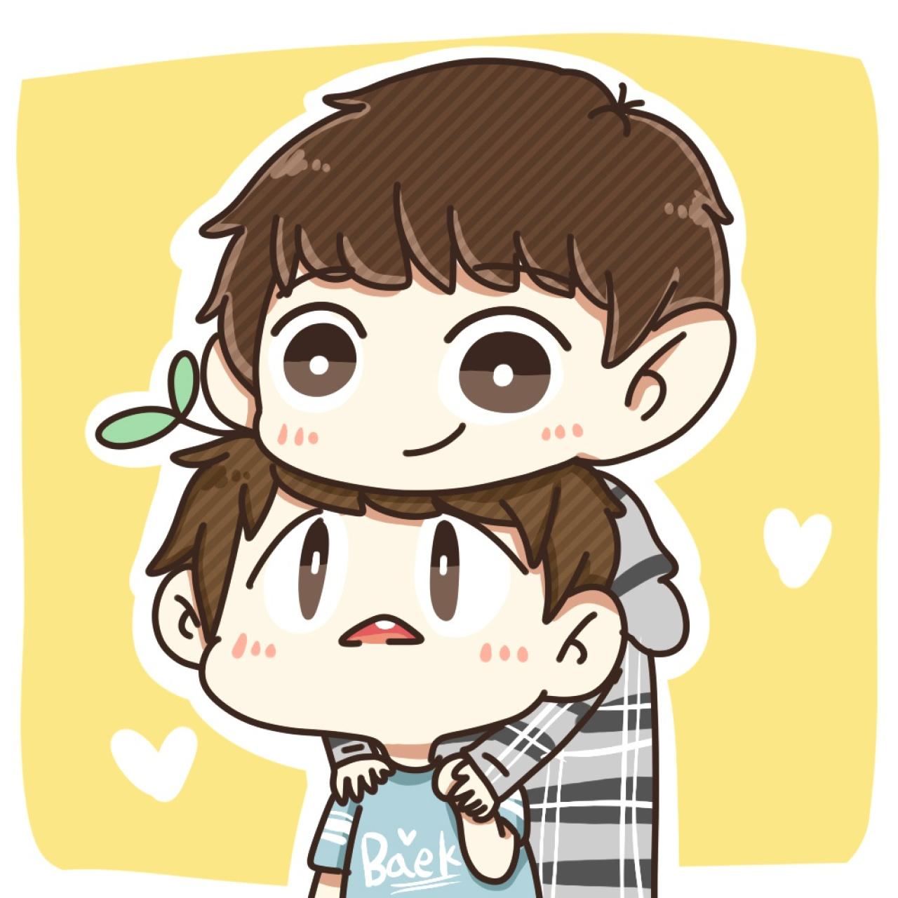 EXO朴灿烈从后面抱着头上长草的白贤，下巴搭在白贤头上，白灿头像