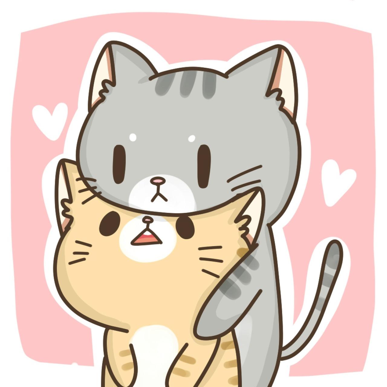 情侣头像：蓝色猫咪从后面抱着黄色猫咪，下巴搭在黄色猫咪头上的头像