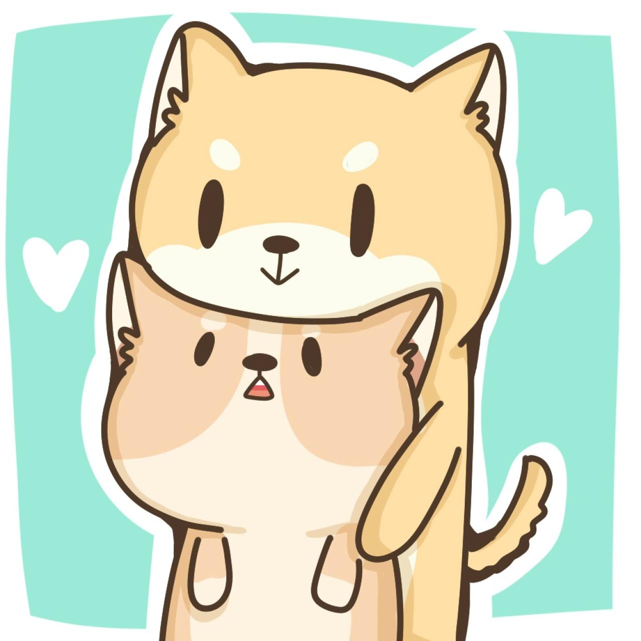 情侣头像：橙色小狗从后面抱着棕色小狗，下巴搭在棕色小狗头上的头像