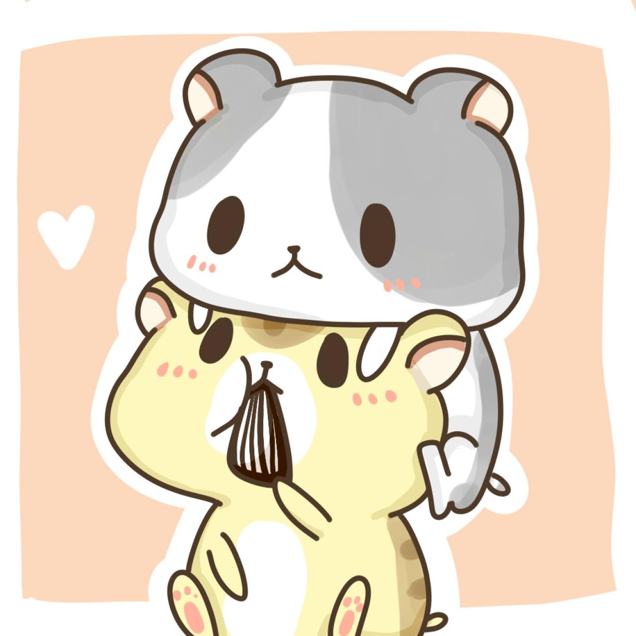 情侣头像：蓝色松鼠从后面骑着抱到嗑瓜子的黄色松鼠头上，下巴搭在黄色松鼠头上的头像