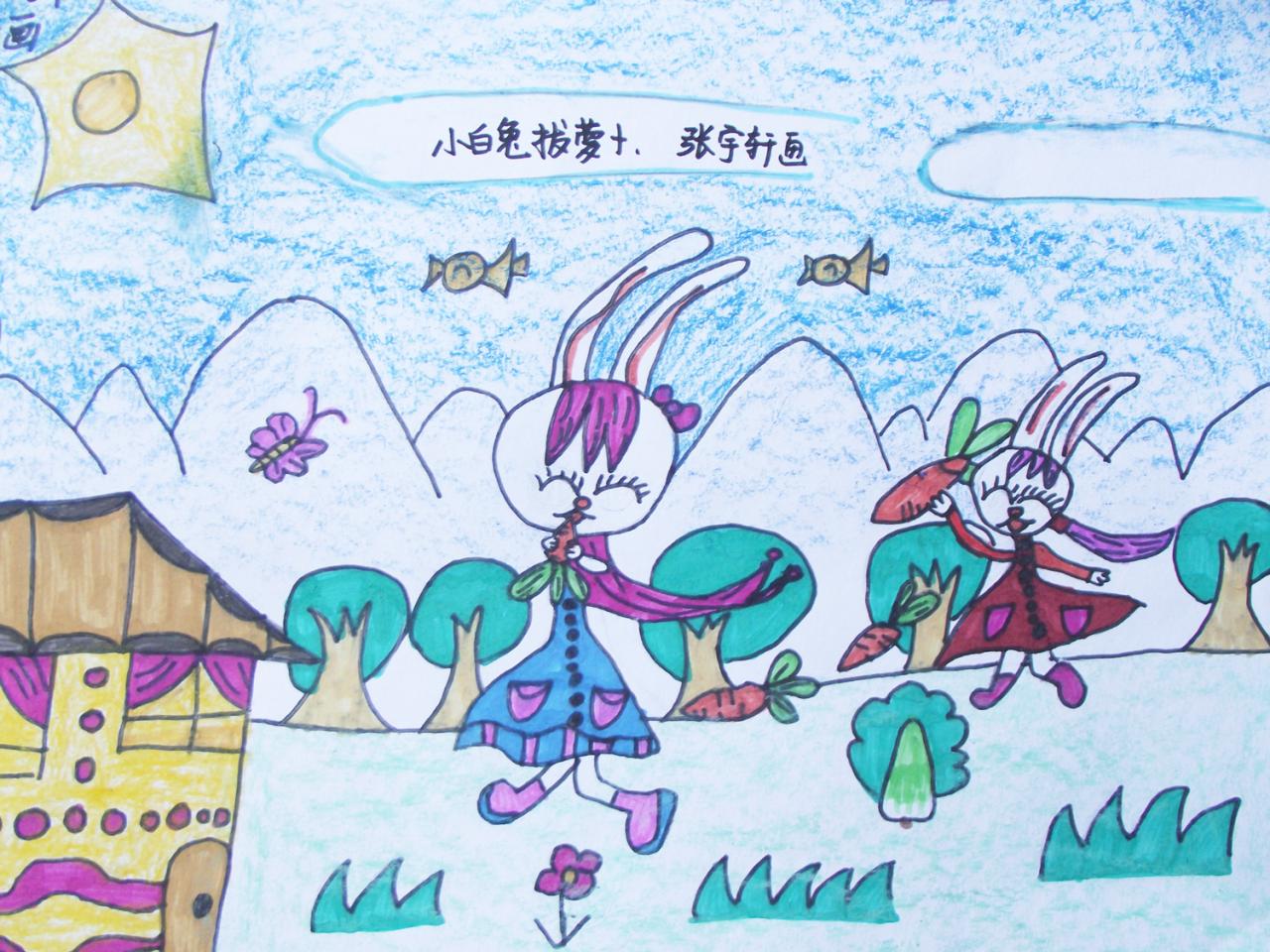 小白兔拔萝卜 彩笔画 张宇轩画
