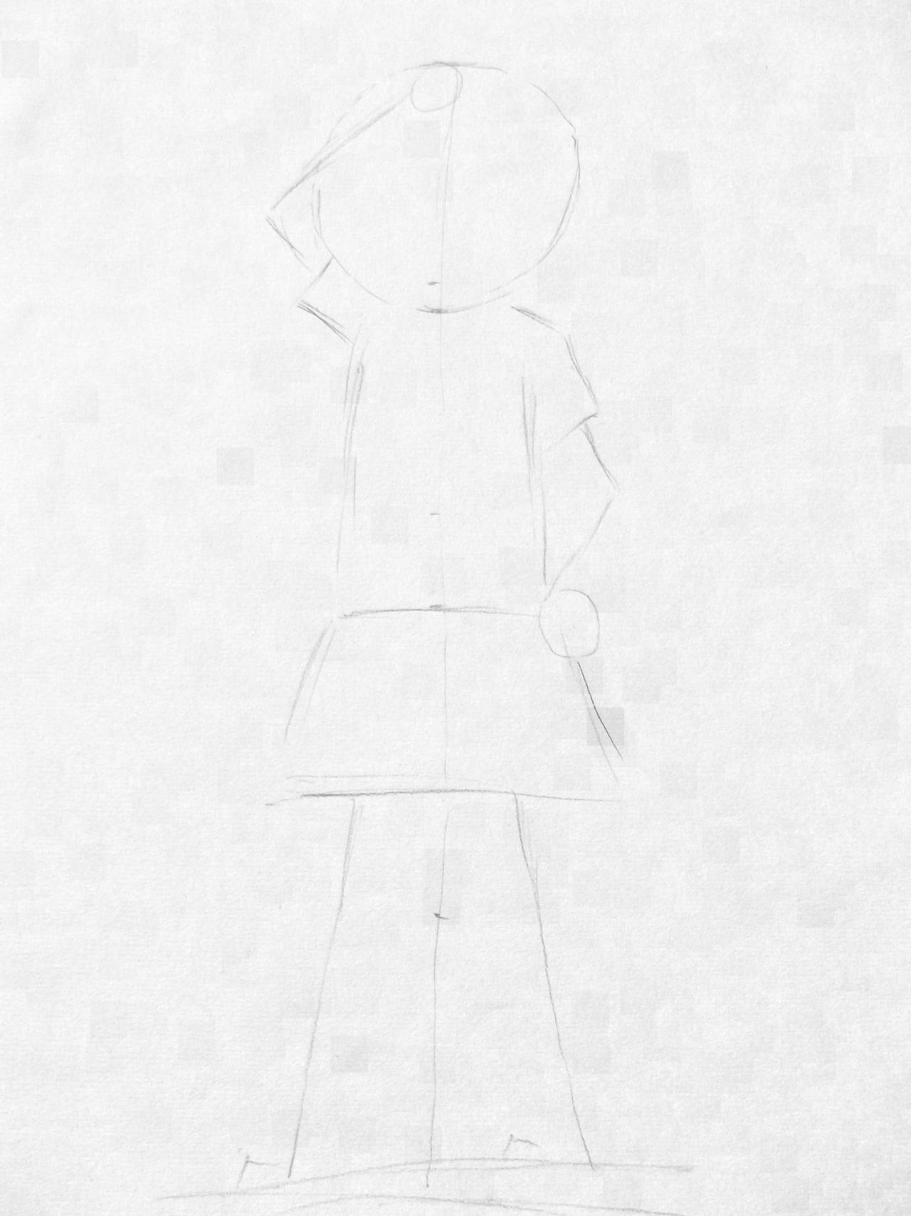 第一步，用几何形定出人物全身各部分所占空间大小