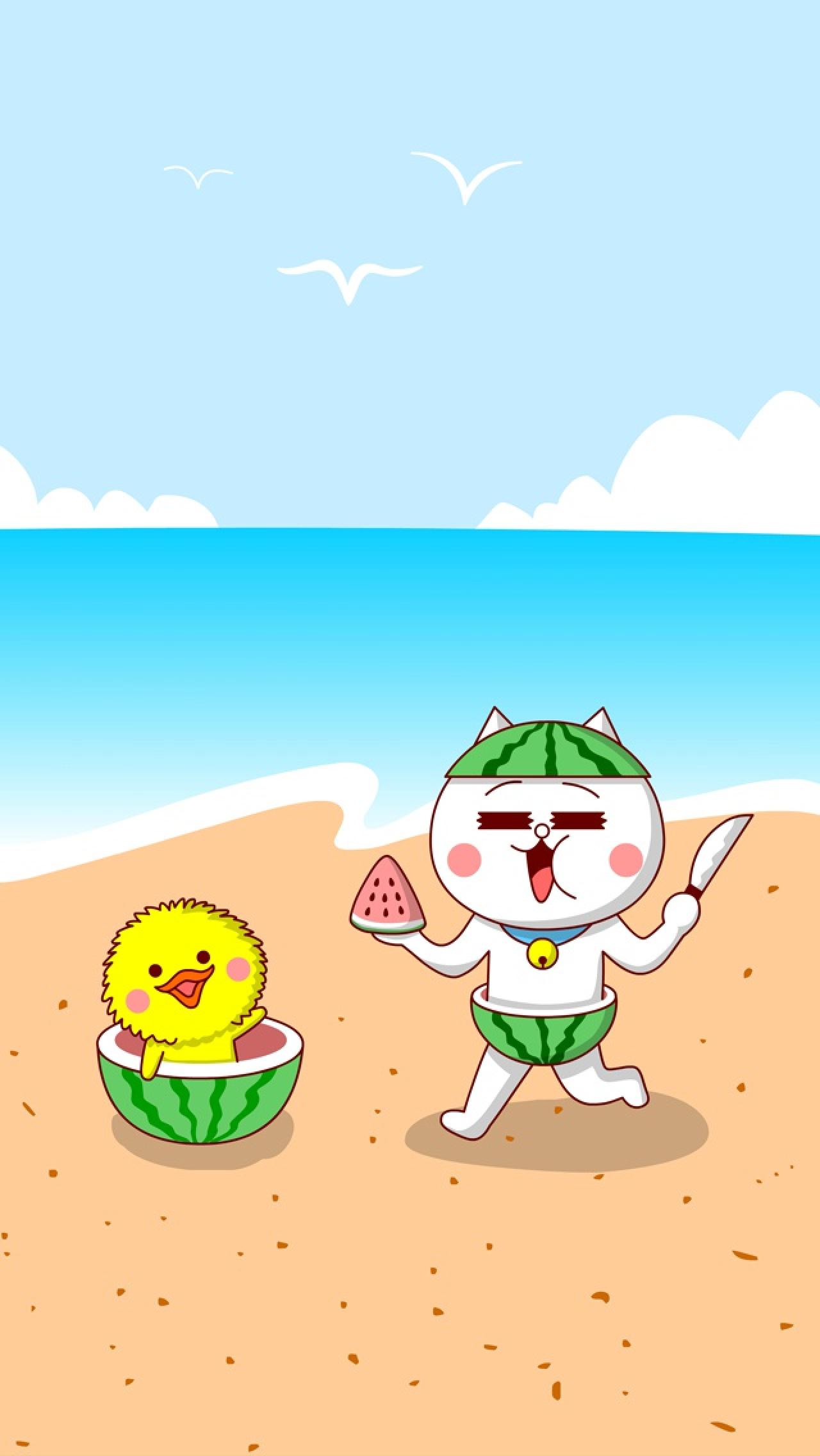 夏天海边吃西瓜的嗷大喵和么么鸭六月手机壁纸