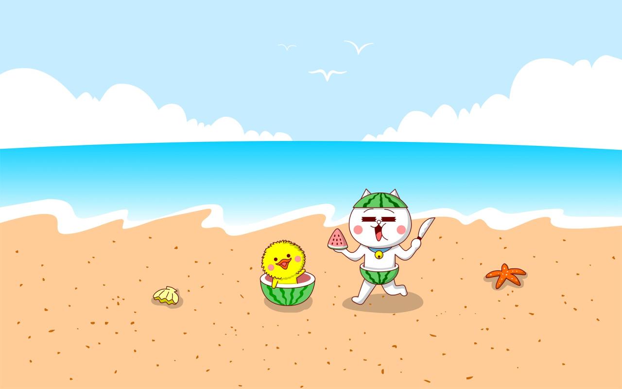 夏天海边吃西瓜的嗷大喵和么么鸭六月电脑壁纸