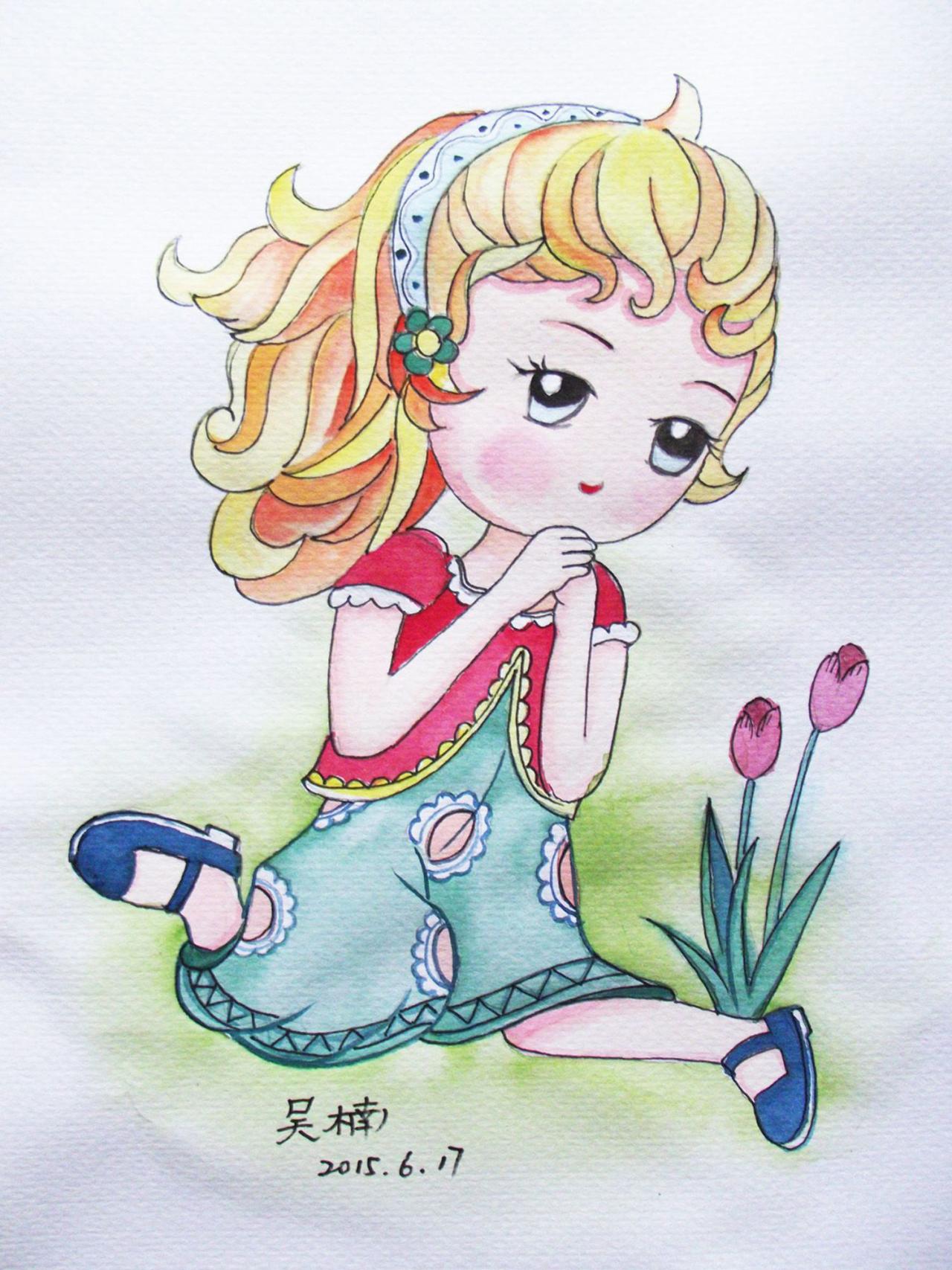 祈祷的Q版女孩 动漫水彩画 吴老师画
