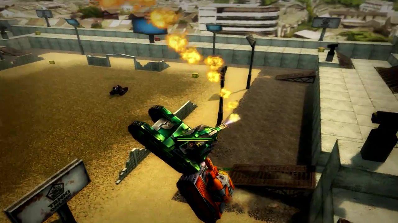 3D坦克运动场空中，火焰炮黄蜂转圈喷射火焰，蜂王激光炮发射激光借力给黄蜂