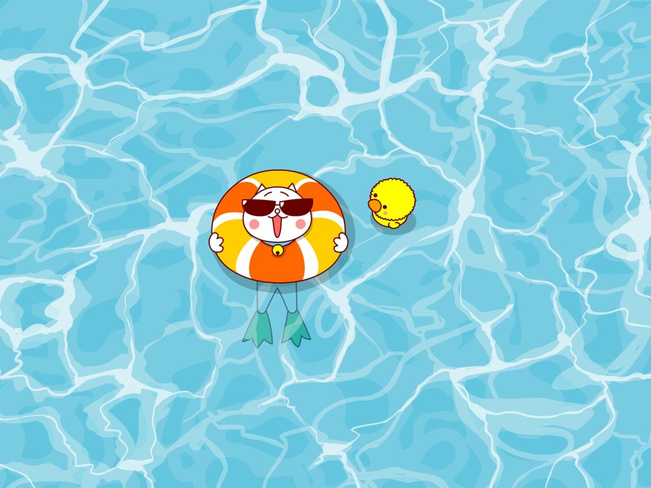 嗷大喵和么么鸭游泳壁纸 分辨率1600x1200像素