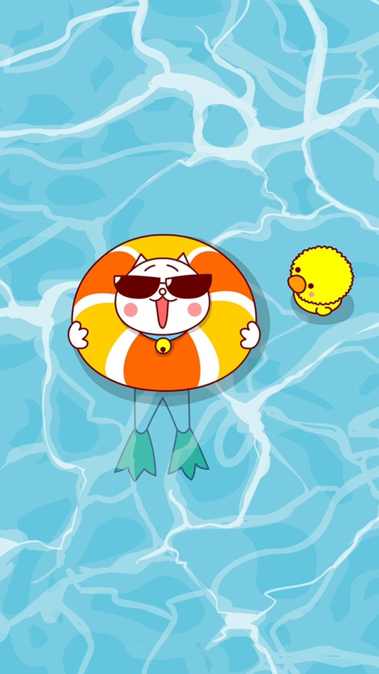 嗷大喵和么么鸭游泳手机壁纸 分辨率640x1136像素