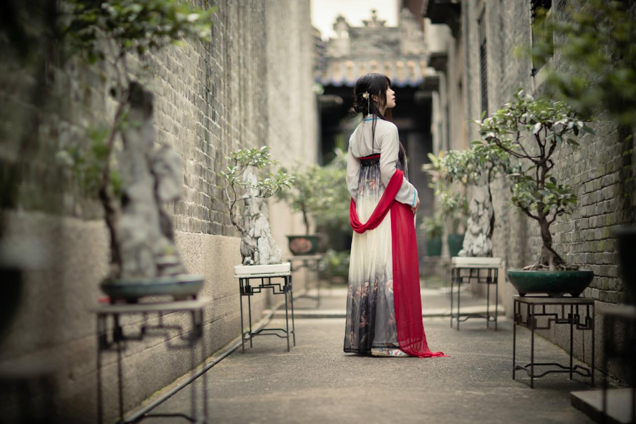 安姐姐走在老宅两墙之间，仰望窗格的侧身背影