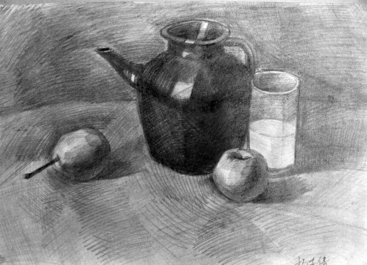 坛子、杯子、梨 静物素描 杨子倩画