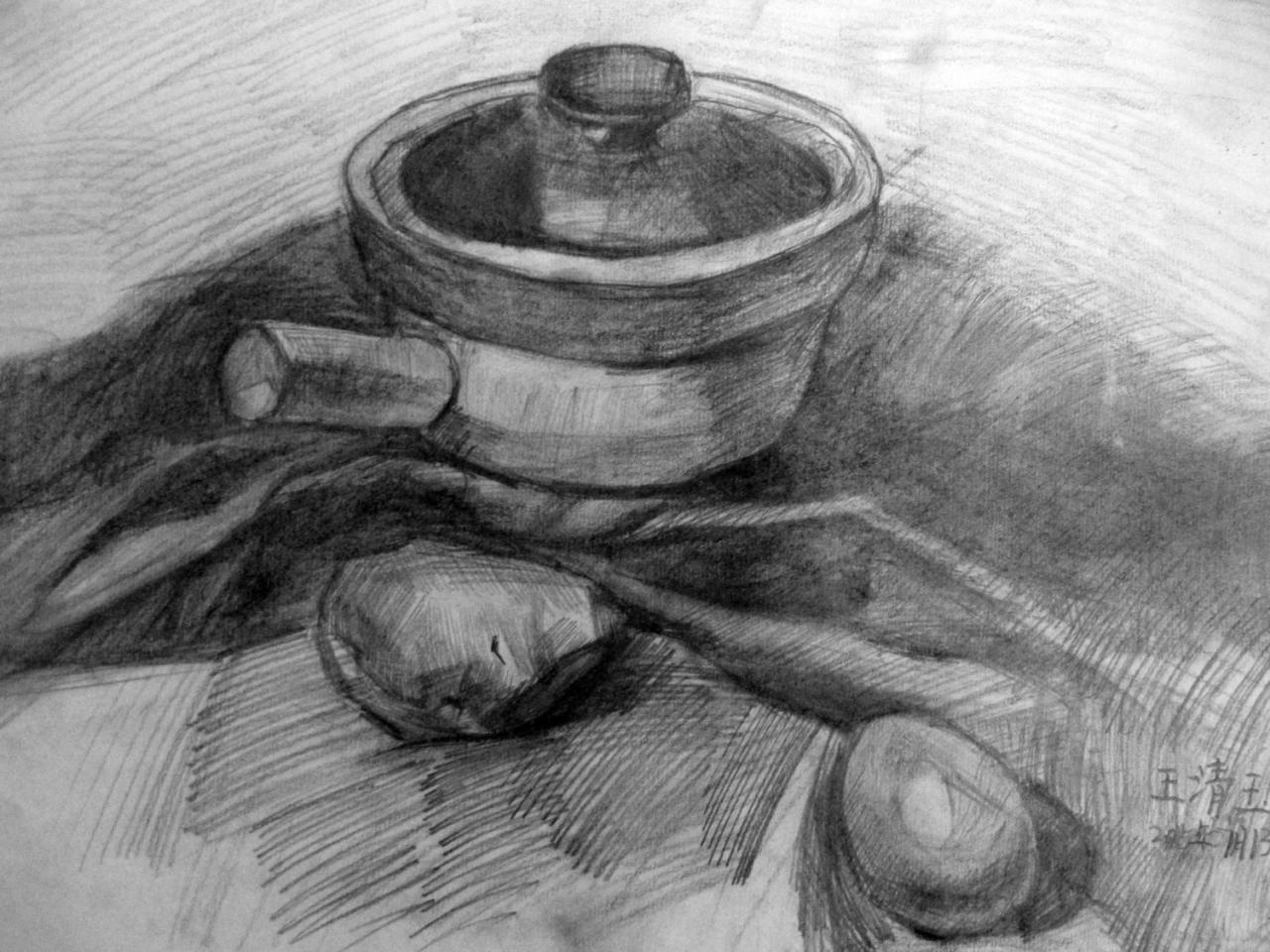 锅、土豆 静物素描 王清玉画