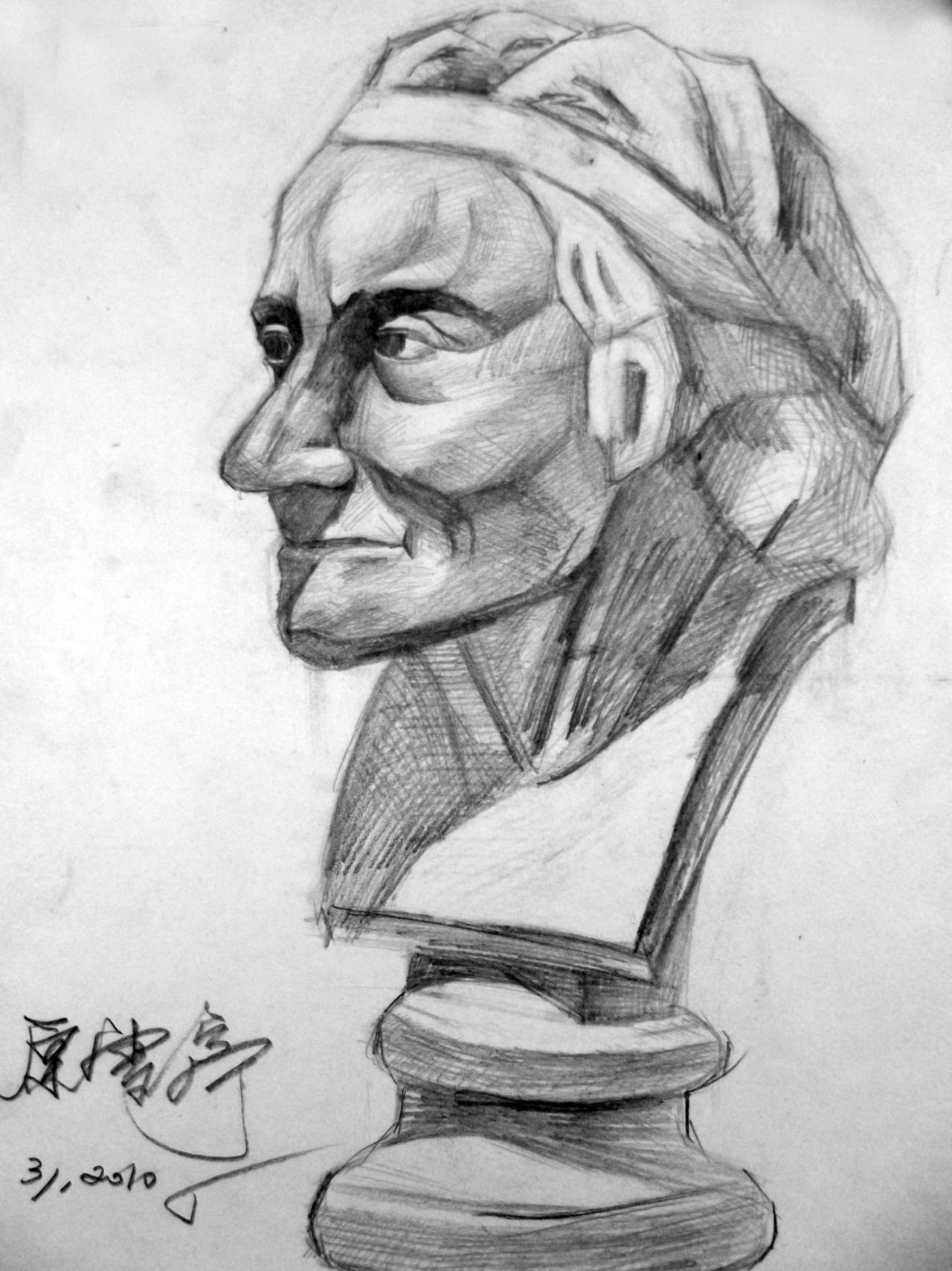 伏尔泰 石膏头像 原雪亭画