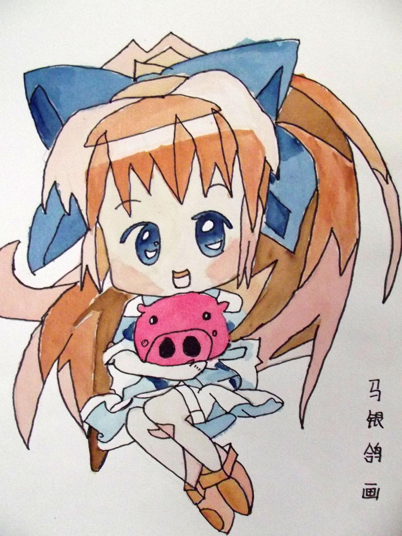 抱着小猪的女孩 守护甜心星月 Q版动漫 马银鸽画