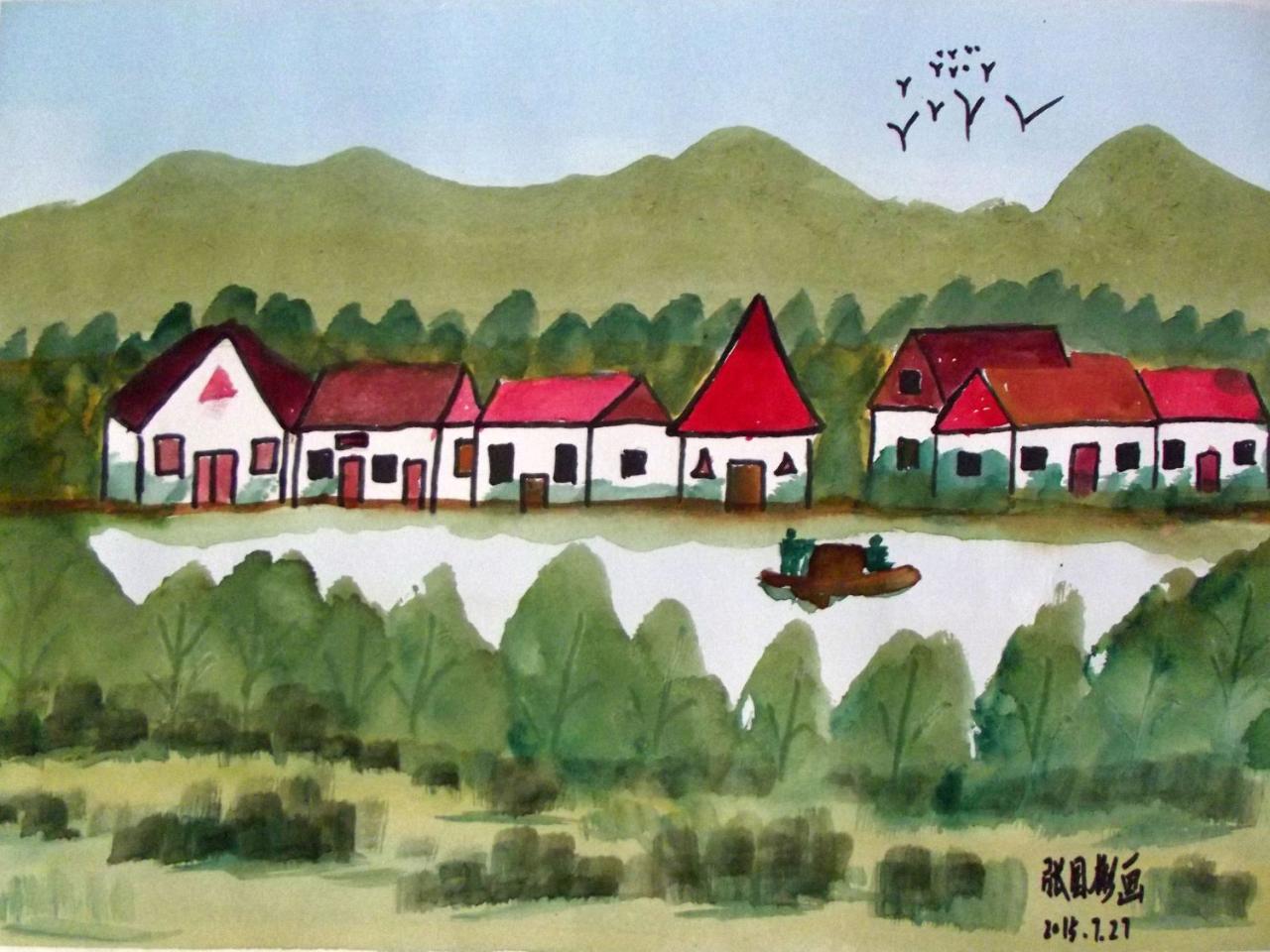 房屋小河 水彩风景 张国斌画