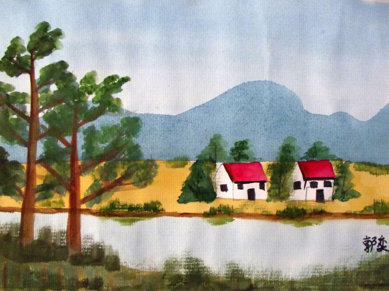 房屋 小河 水彩风景 郭奕画