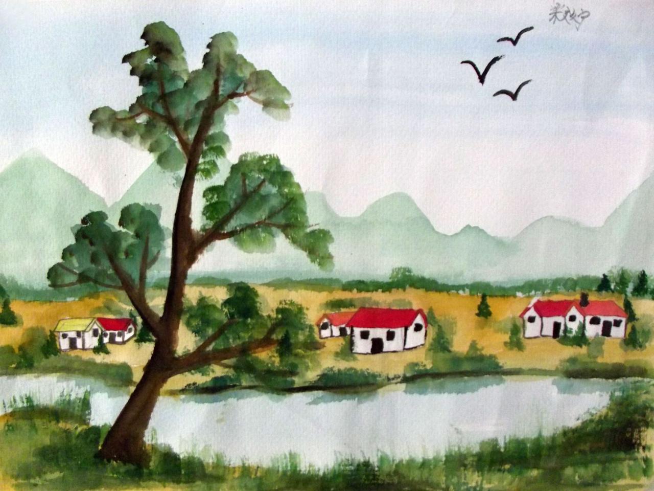 湖边 水彩风景 梁效宁画