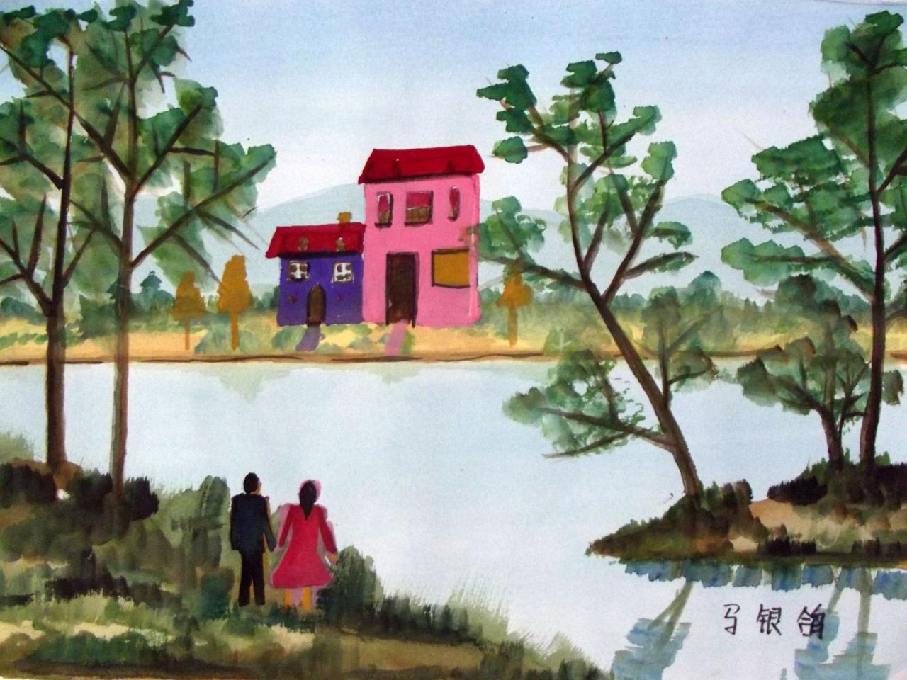 湖边 水彩风景 马银鸽画