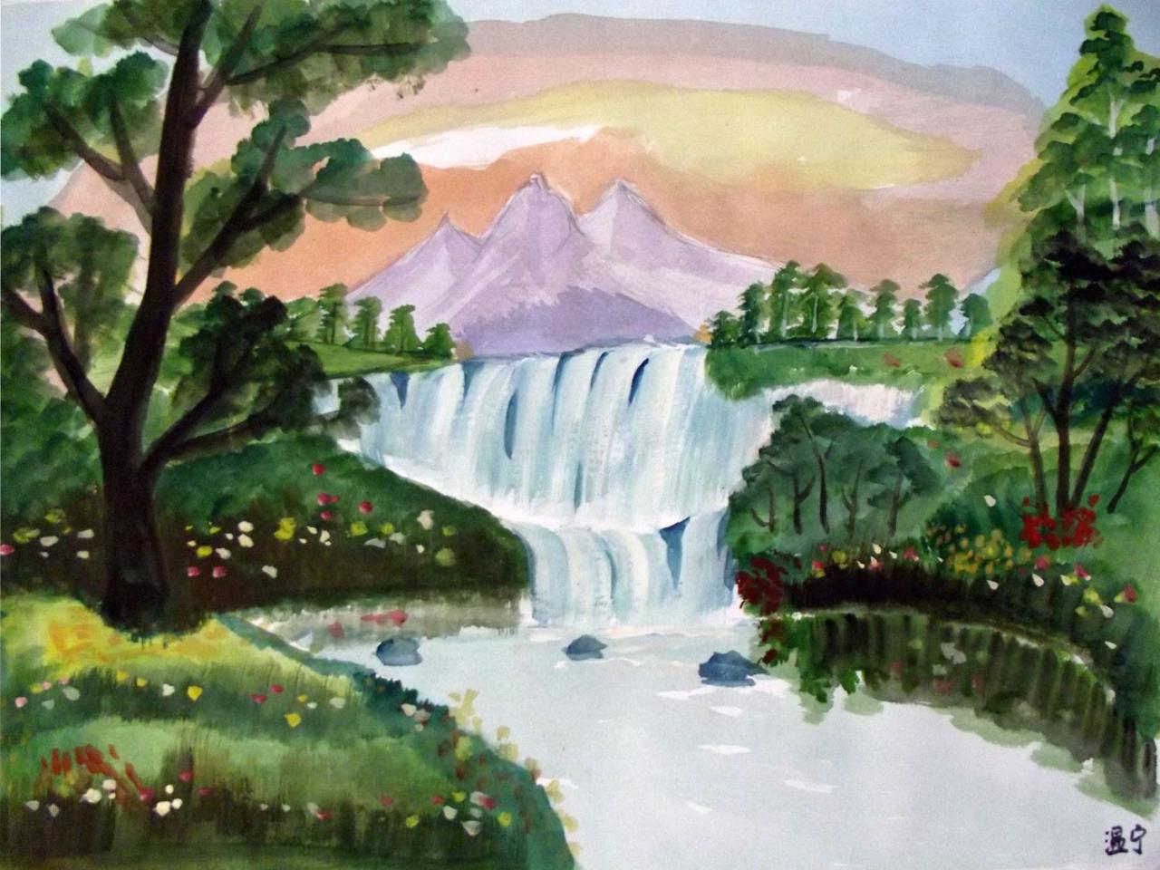 瀑布 水彩风景 温宁画