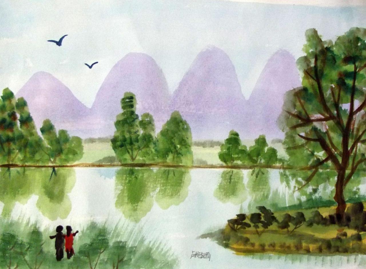 湖边 水彩风景 卢婉仪画