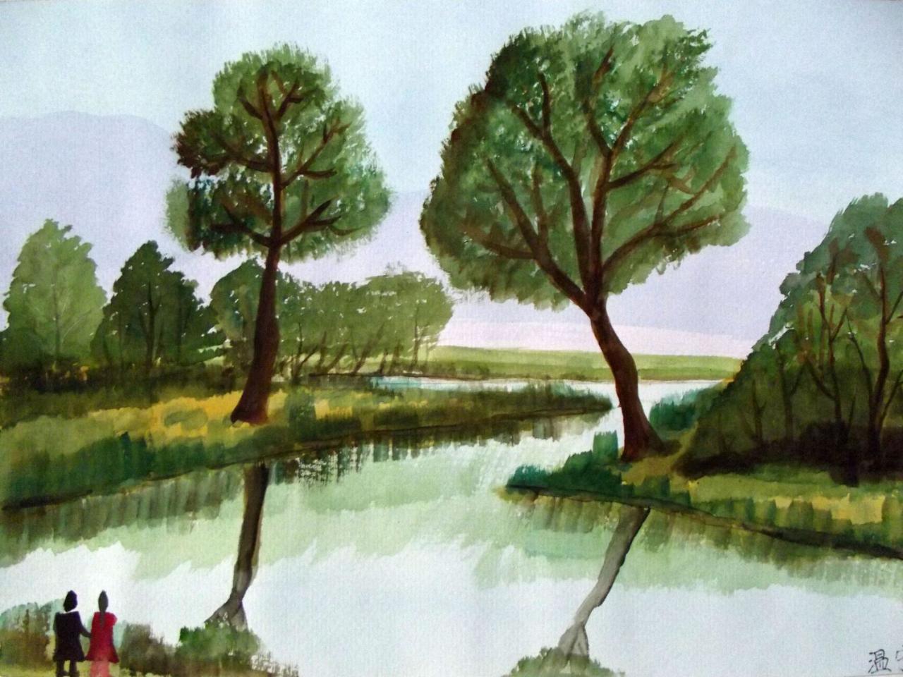 林间小溪 水彩风景 温宁画