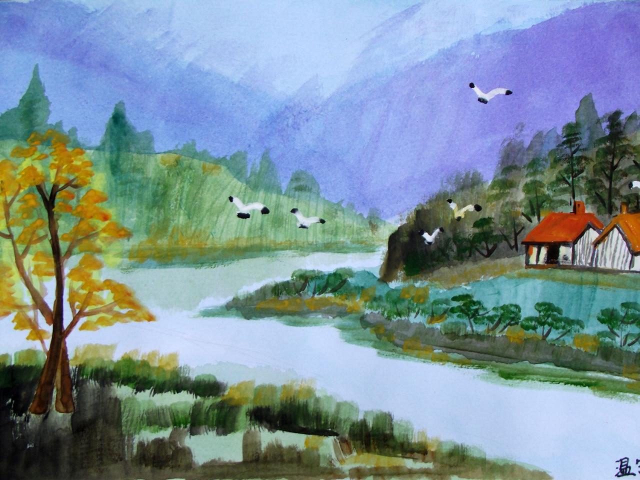 海鸥 房屋 小河 水彩风景 温宁画