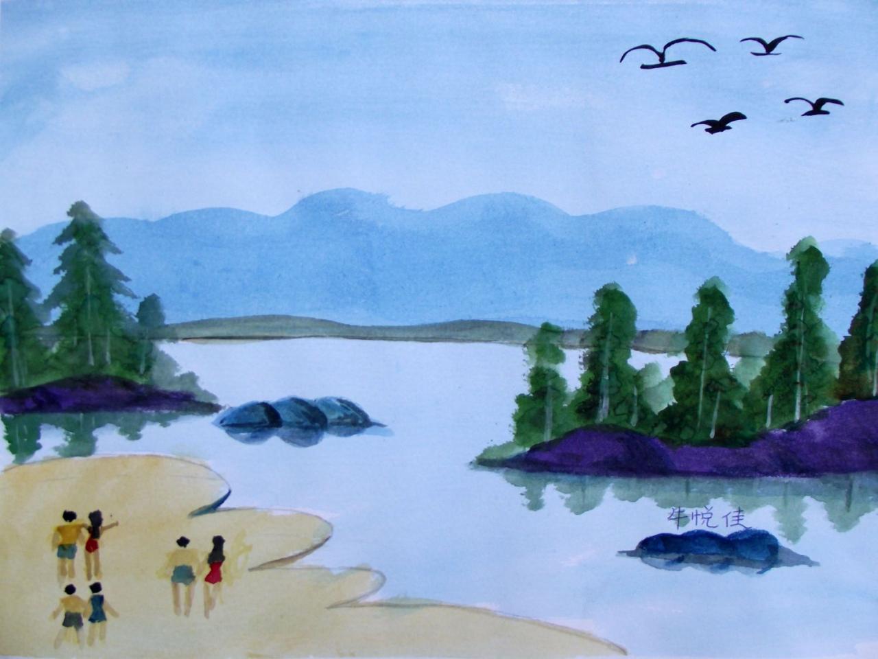 沙滩 海滨 水彩风景 牛悦佳画