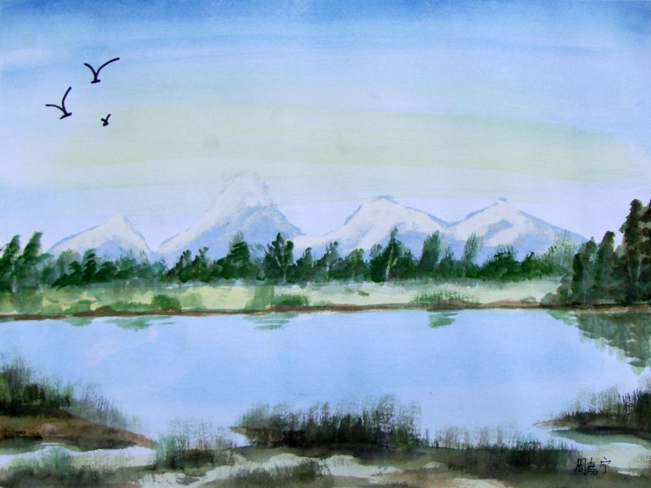 雪山小河 水彩风景 周嘉宁画