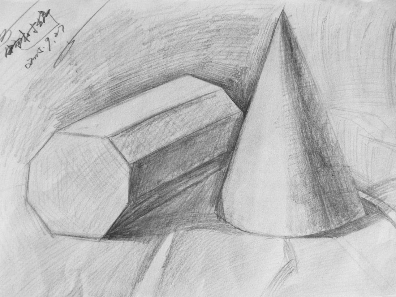 八棱柱和圆锥体 石膏几何体 畅树婷画