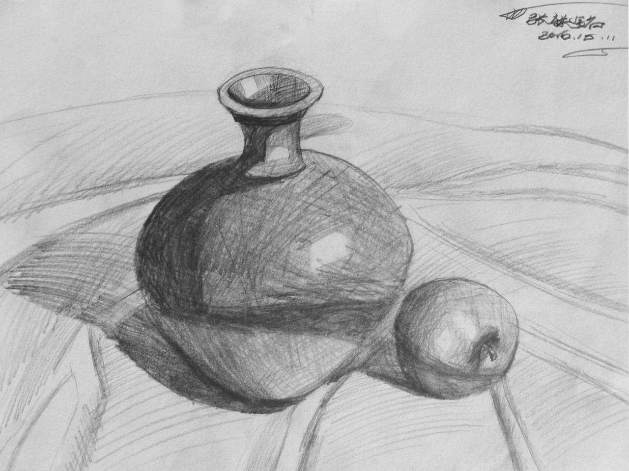 陶罐和苹果 静物素描 张轶铭画