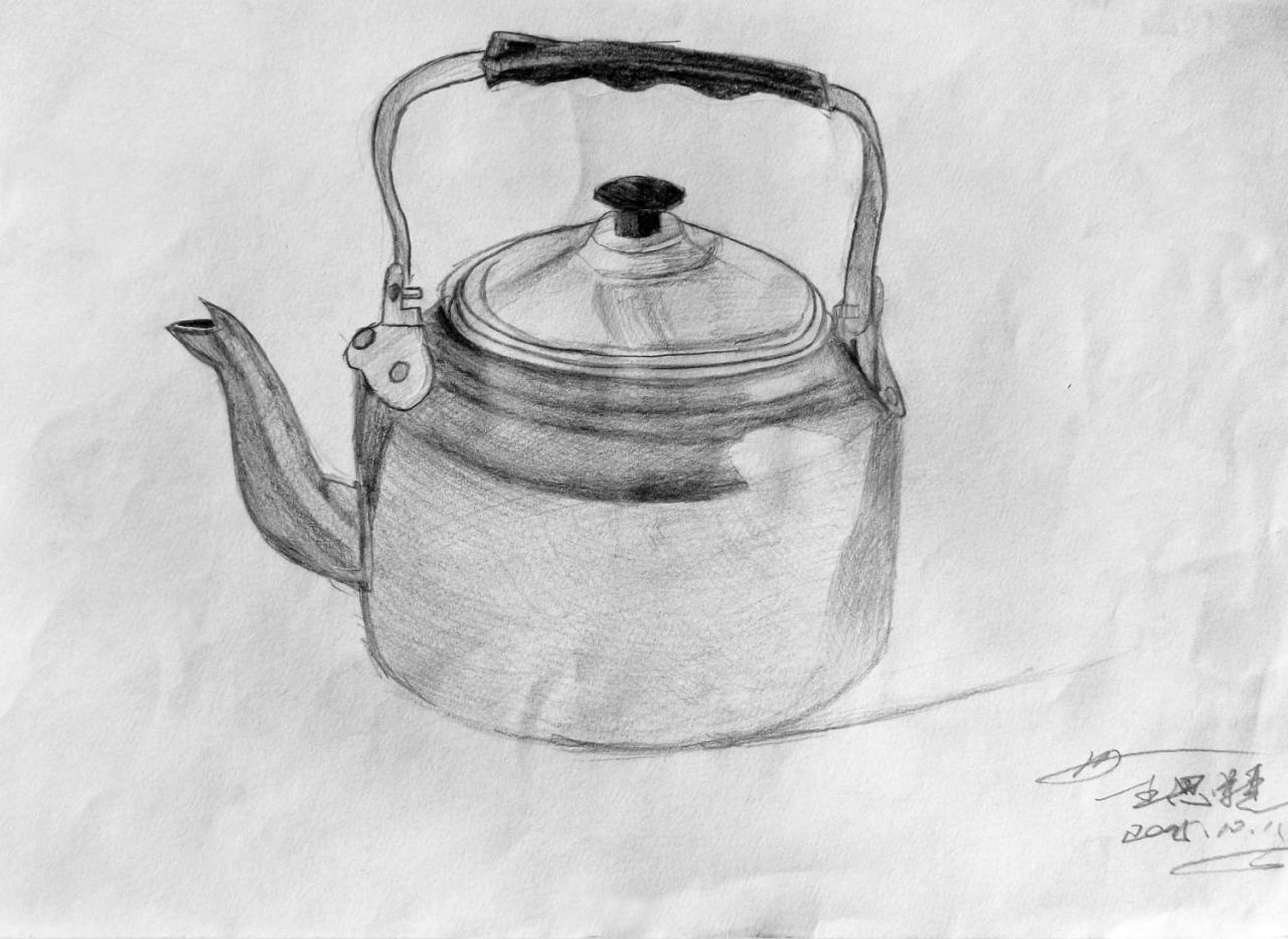 不锈钢铝壶 静物素描 王思颖画