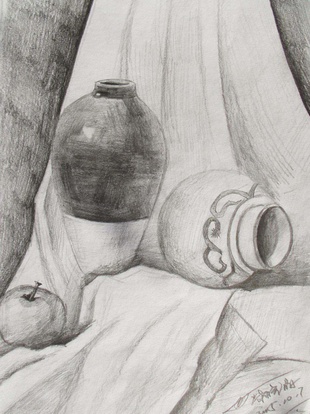 陶罐、苹果 静物素描 柴筱晶画