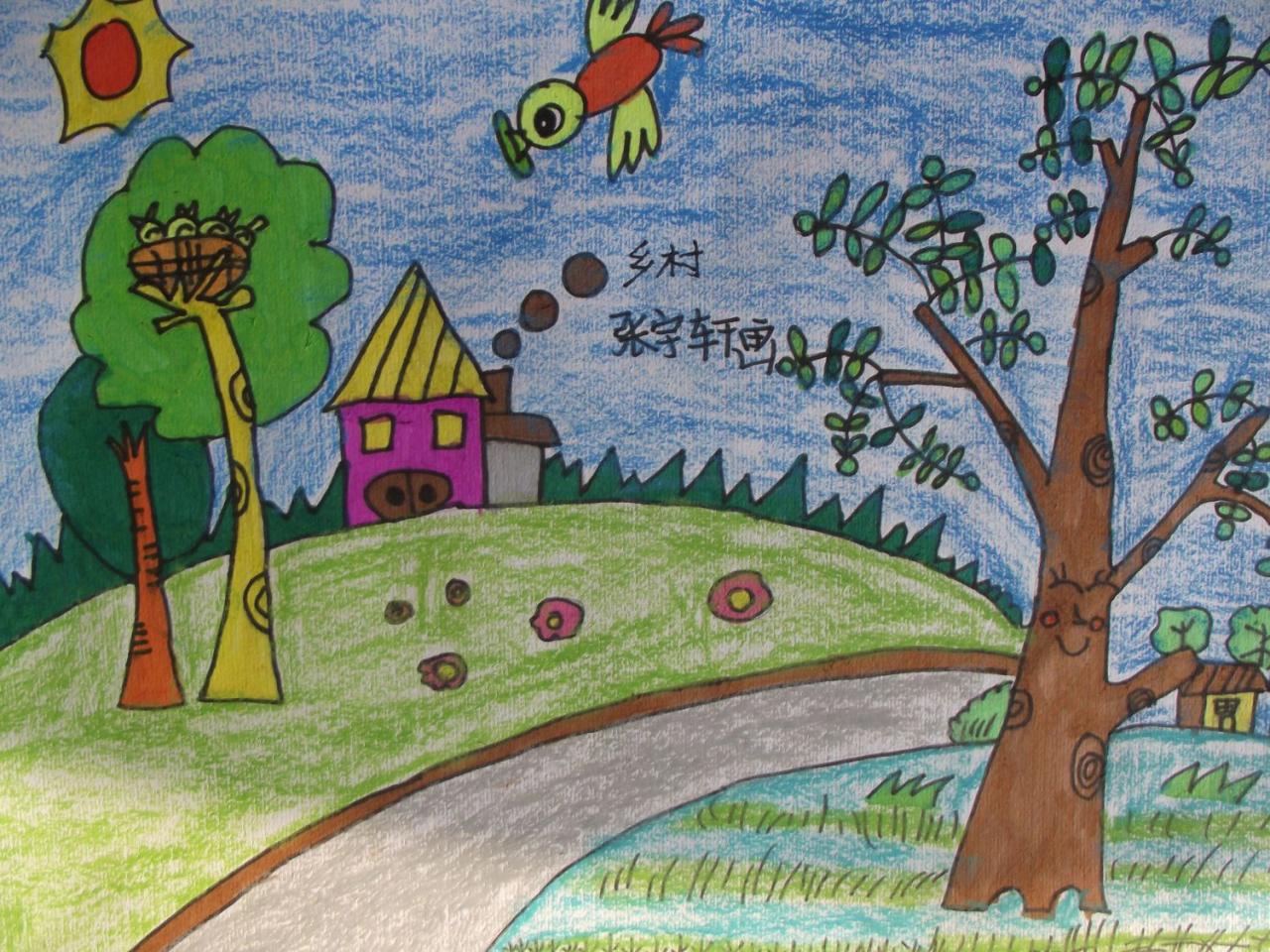 乡村的树 小鸟喂食 张宇轩画