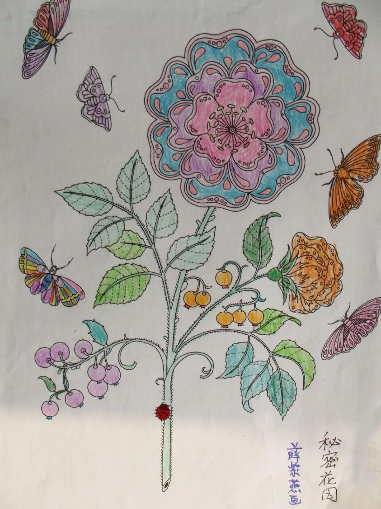 秘密花园 蝴蝶、七星瓢虫与花卉 装饰画 薛紫燕画